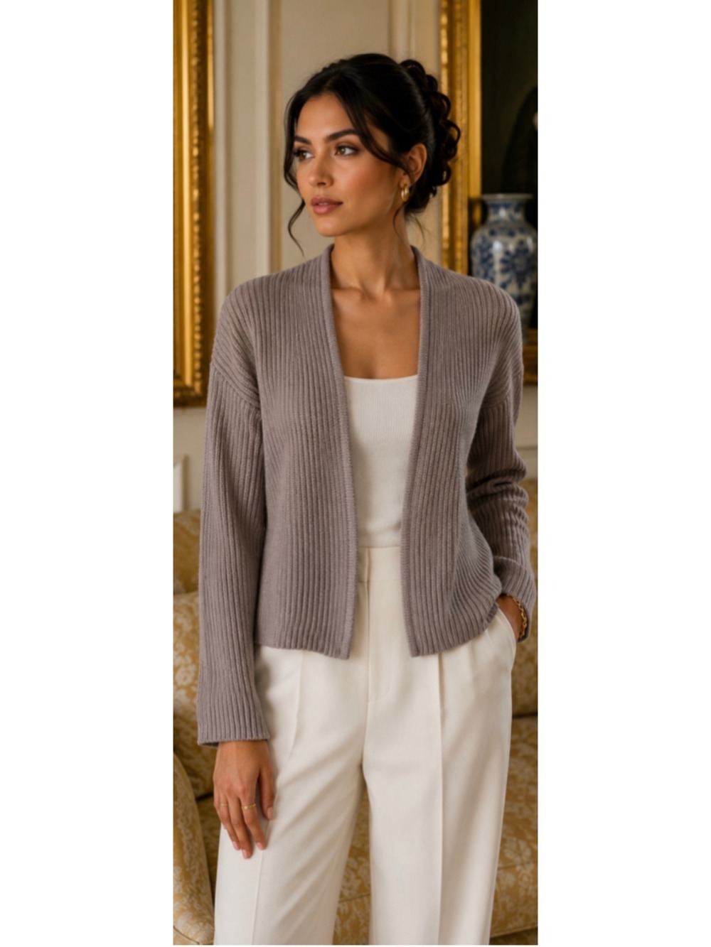 St. John Ribbed Knit Cardigan Sweater Taupe Size L New!